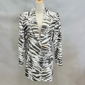 Caché Jacquard Blazer Size 10 Metallic‎ Zebra Floral Print Longline Vintage Y2k